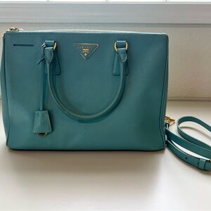 Prada Galleria Medium Saffiano Leather Teal Double Zip Tote Auth